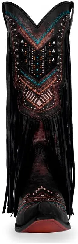 CORRAL LADIE'S BLACK EMBROIDERY & CRYSTALS & LAMB FRINGES, CORRAL LARGE 52.0 X 32.0 X 11.5 SOLE,GOAT/LAMB LEATHER, WESTERN BOOT, C4078