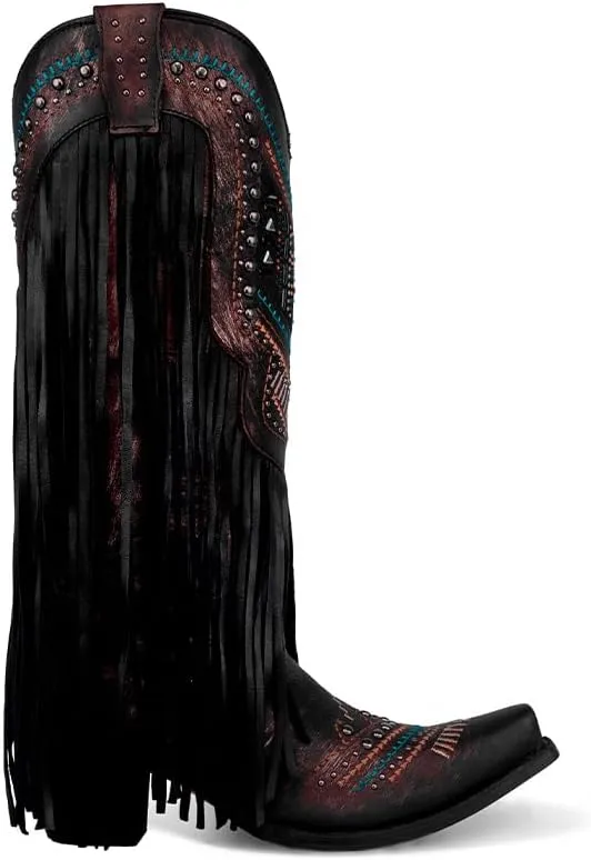 CORRAL LADIE'S BLACK EMBROIDERY & CRYSTALS & LAMB FRINGES, CORRAL LARGE 52.0 X 32.0 X 11.5 SOLE,GOAT/LAMB LEATHER, WESTERN BOOT, C4078