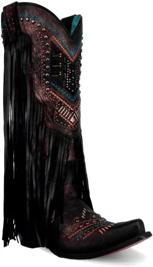 CORRAL LADIE'S BLACK EMBROIDERY & CRYSTALS & LAMB FRINGES, CORRAL LARGE 52.0 X 32.0 X 11.5 SOLE,GOAT/LAMB LEATHER, WESTERN BOOT, C4078