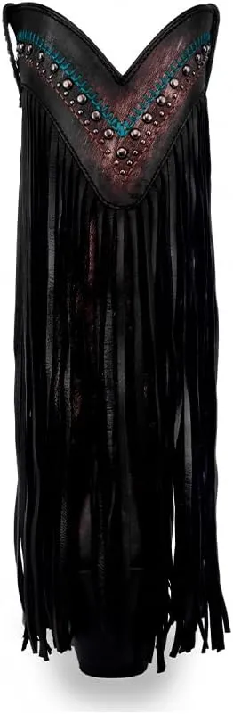 CORRAL LADIE'S BLACK EMBROIDERY & CRYSTALS & LAMB FRINGES, CORRAL LARGE 52.0 X 32.0 X 11.5 SOLE,GOAT/LAMB LEATHER, WESTERN BOOT, C4078