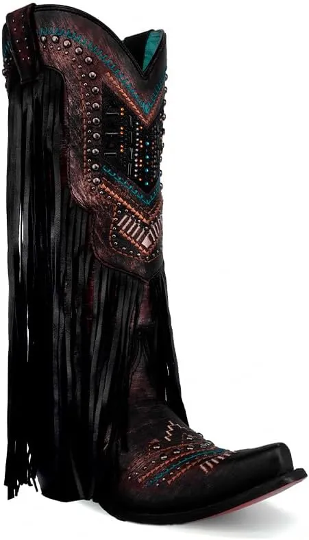 CORRAL LADIE'S BLACK EMBROIDERY & CRYSTALS & LAMB FRINGES, CORRAL LARGE 52.0 X 32.0 X 11.5 SOLE,GOAT/LAMB LEATHER, WESTERN BOOT, C4078