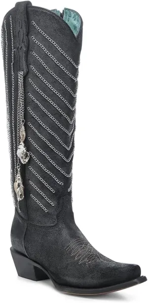 CORRAL LADIE'S BLACK EMBROIDERY & SHELL HANGING CHAIN TALL TOP, LEATHER SOLE, COWHIDE LEATHER, WESTERN BOOT, C4217