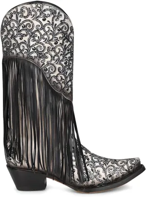 CORRAL LADIE'S WHITE/BLACK LAMB OVERLAY & EMBROIDERY & FRINGES, SNIP TOE, LEATHER SOLE, WESTERN, C3877