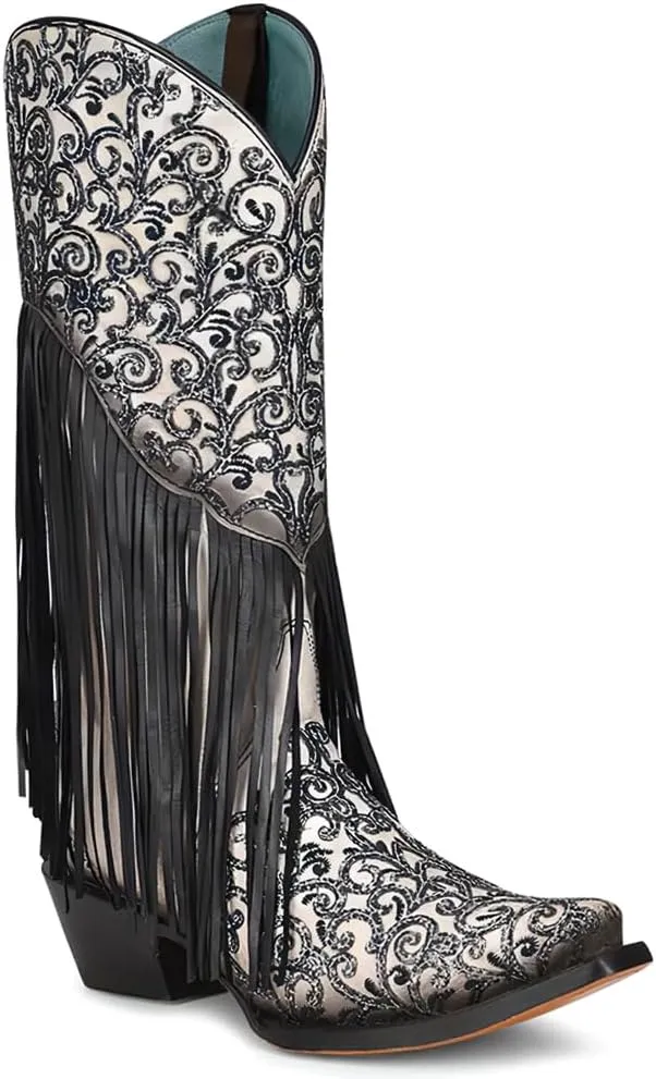 CORRAL LADIE'S WHITE/BLACK LAMB OVERLAY & EMBROIDERY & FRINGES, SNIP TOE, LEATHER SOLE, WESTERN, C3877