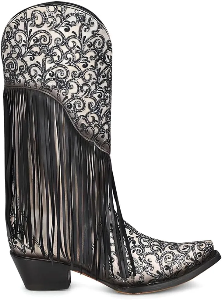 CORRAL LADIE'S WHITE/BLACK LAMB OVERLAY & EMBROIDERY & FRINGES, SNIP TOE, LEATHER SOLE, WESTERN, C3877