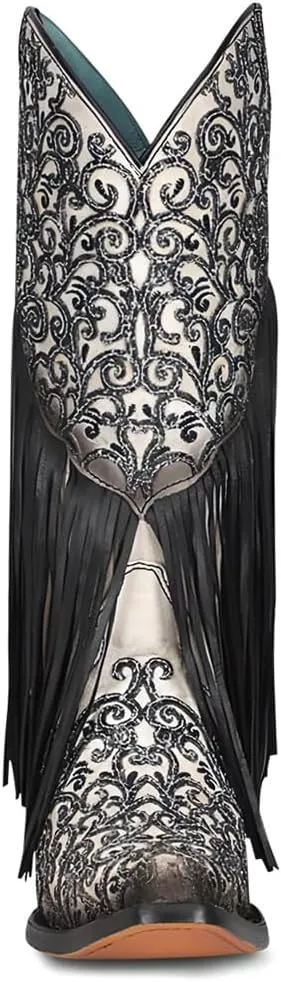 CORRAL LADIE'S WHITE/BLACK LAMB OVERLAY & EMBROIDERY & FRINGES, SNIP TOE, LEATHER SOLE, WESTERN, C3877