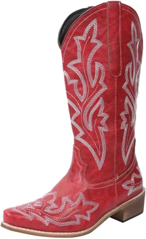 Cowboy Boots For Women Wide Calf Mid Calf Cowgirl Embroidered Western Knee High Boots Chunky Heel Pull On Boots for Ladies