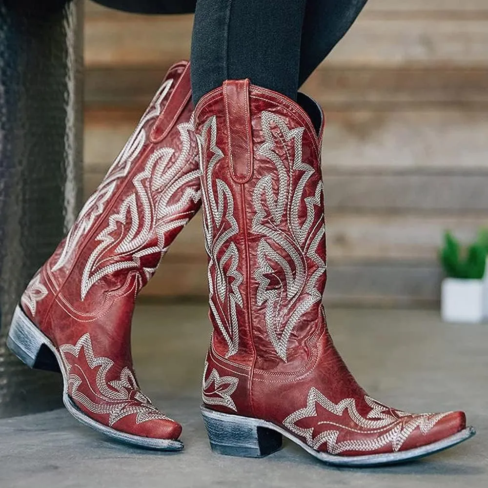 Cowboy Boots For Women Wide Calf Mid Calf Cowgirl Embroidered Western Knee High Boots Chunky Heel Pull On Boots for Ladies