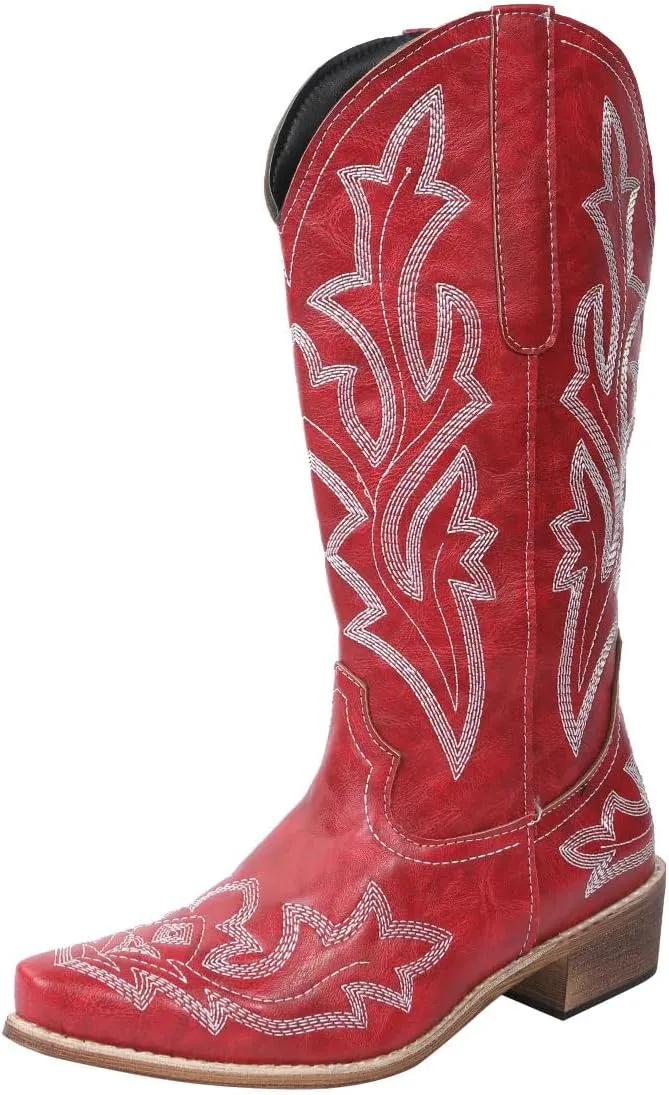 Cowboy Boots For Women Wide Calf Mid Calf Cowgirl Embroidered Western Knee High Boots Chunky Heel Pull On Boots for Ladies