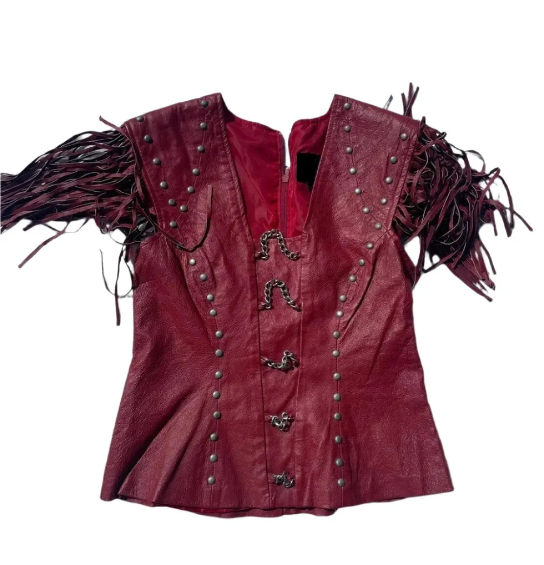 Cowgirl's Red Maroon Leather Fringe Silver Metal Stud Work Vest CGV518