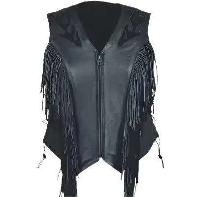 Cowgirl's Western Black Leather Fringe Biker Vest CGV450
