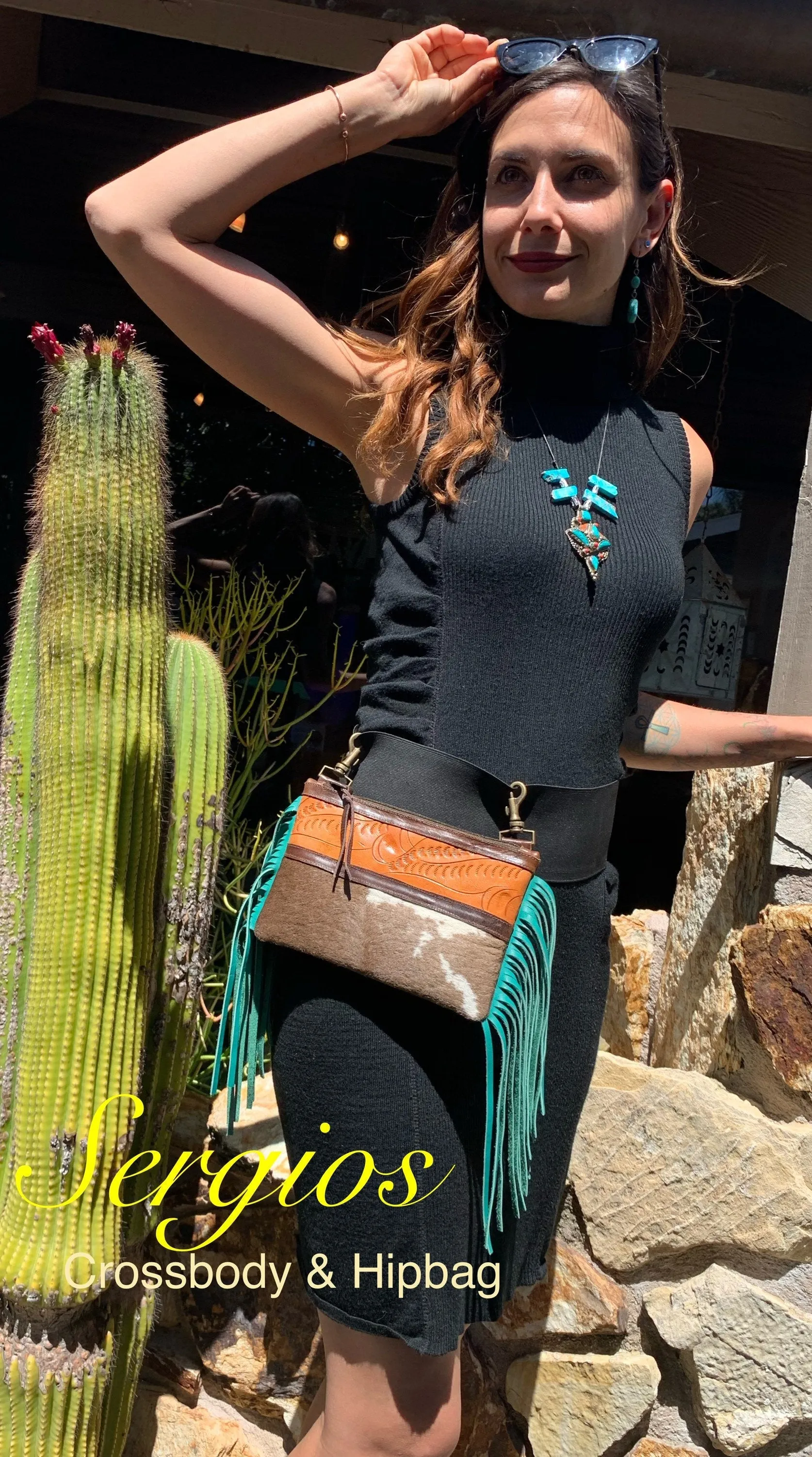 Cowhide & Turquoise Fringe Hipster/Crossbody