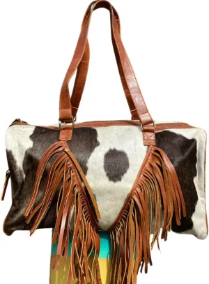 Cowhide Leather Fringe Duffel Bag – Western Style Gym, Sports & Travel Weekender for Women, Spacious Overnight Bag with Shoulder Strap & Boho Design
