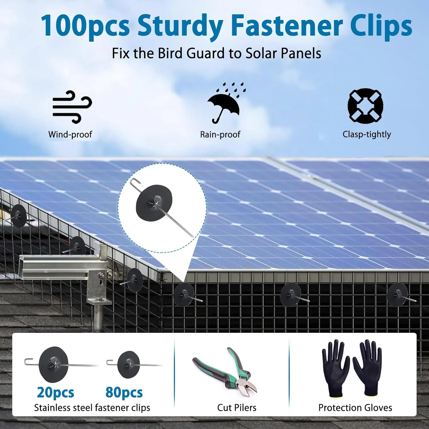 Critter Guard for Solar Panels,6in x120ft Solar Panel Bird Guard with 100pcs Fastener Clips(1" 80pcs/1.5" 20pcs), 1/2in Fine Mesh Black PVC Coated Critter Guard with Gloves and Pliers