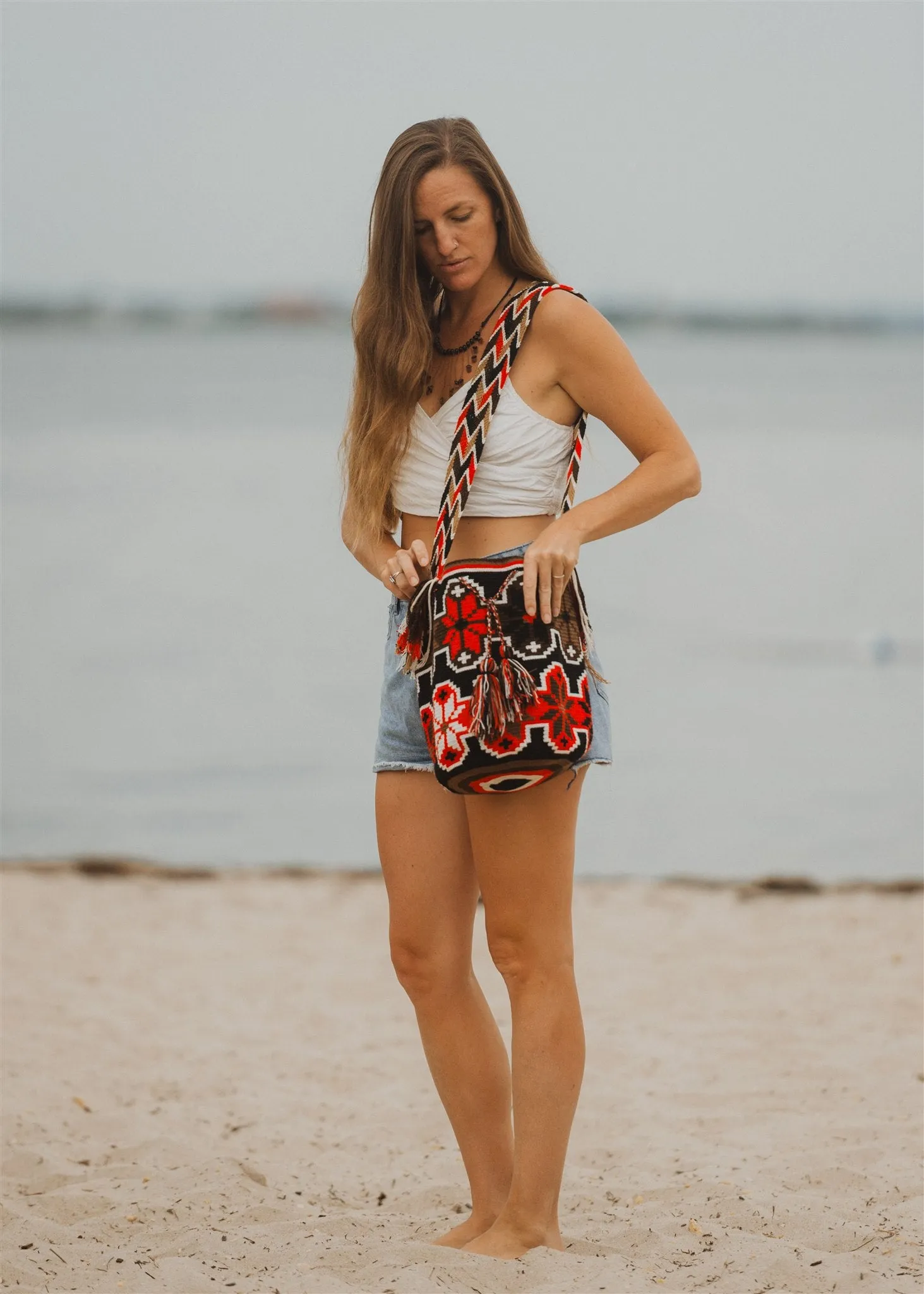 Crossbody Boho Bag Red White Brown