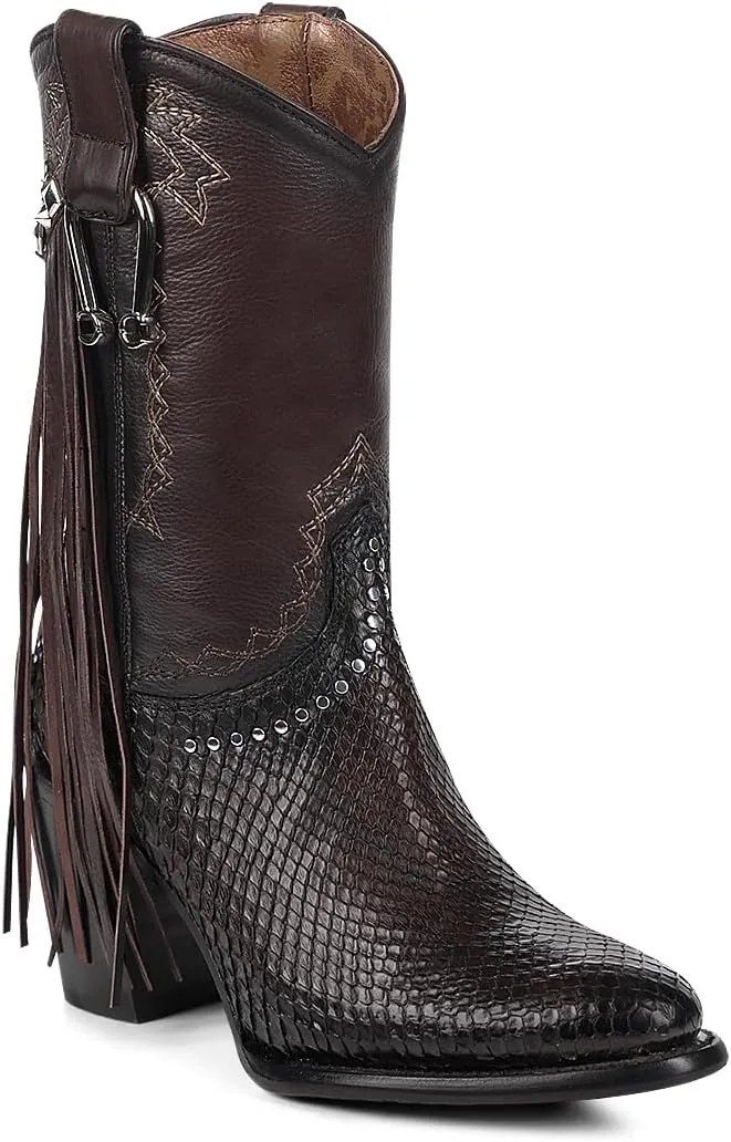 Cuadra Handmade Exotic Python Leather Western Style Boots With Studded Details Dark Brown 4V11PH