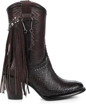 Cuadra Handmade Exotic Python Leather Western Style Boots With Studded Details Dark Brown 4V11PH