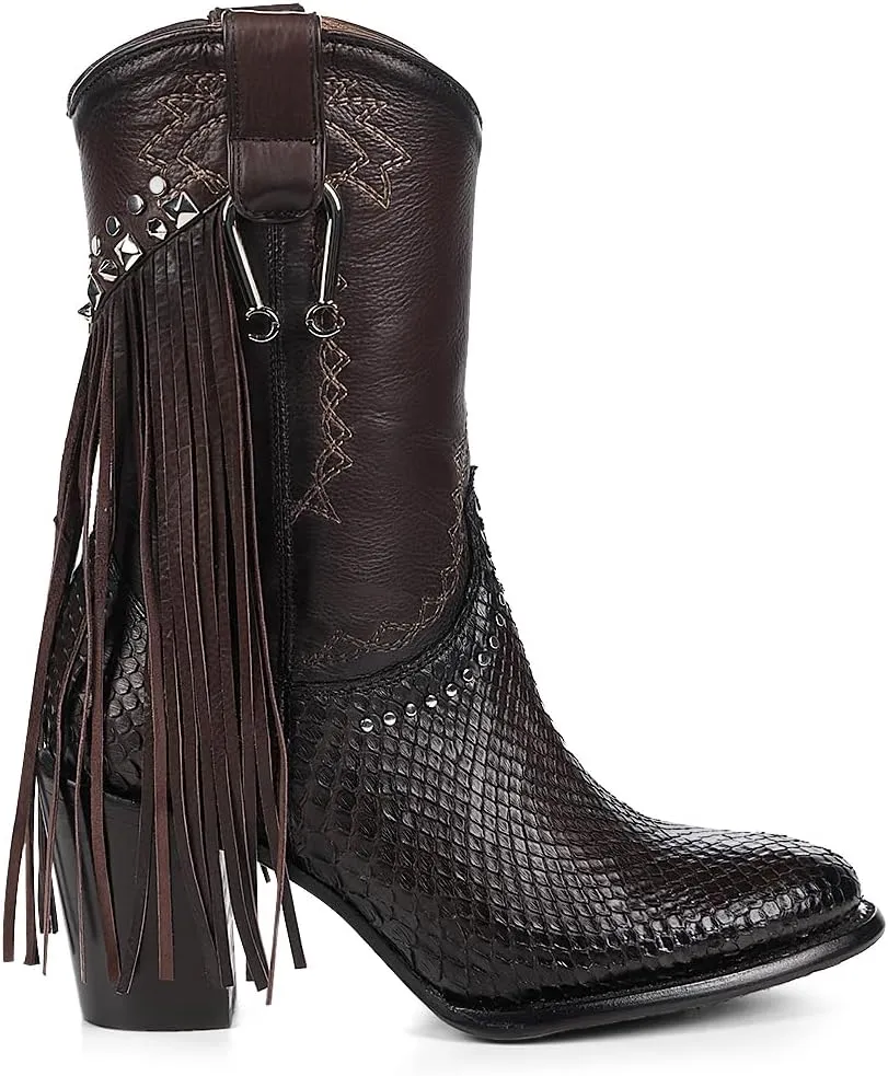 Cuadra Handmade Exotic Python Leather Western Style Boots With Studded Details Dark Brown 4V11PH
