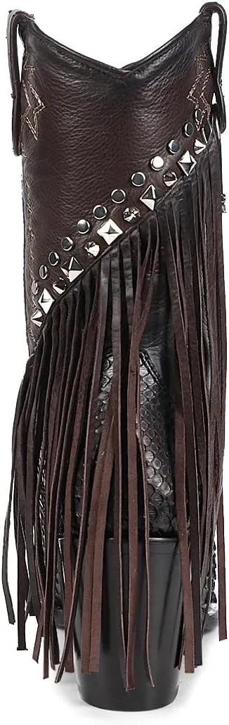 Cuadra Handmade Exotic Python Leather Western Style Boots With Studded Details Dark Brown 4V11PH