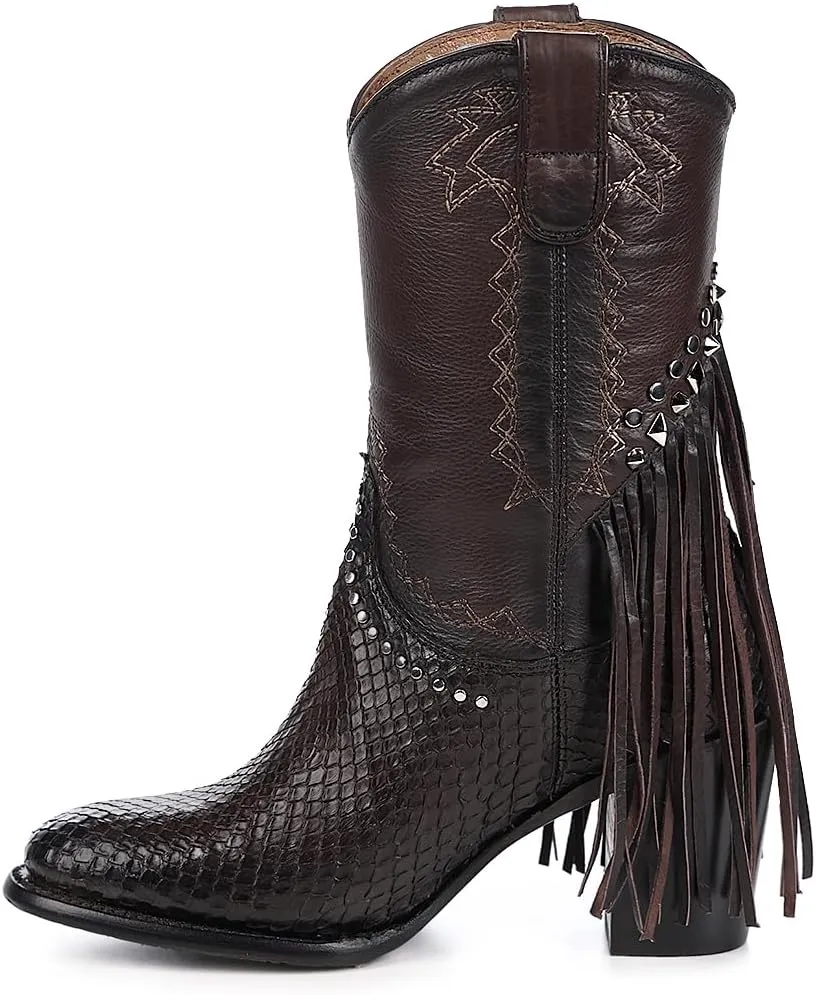Cuadra Handmade Exotic Python Leather Western Style Boots With Studded Details Dark Brown 4V11PH