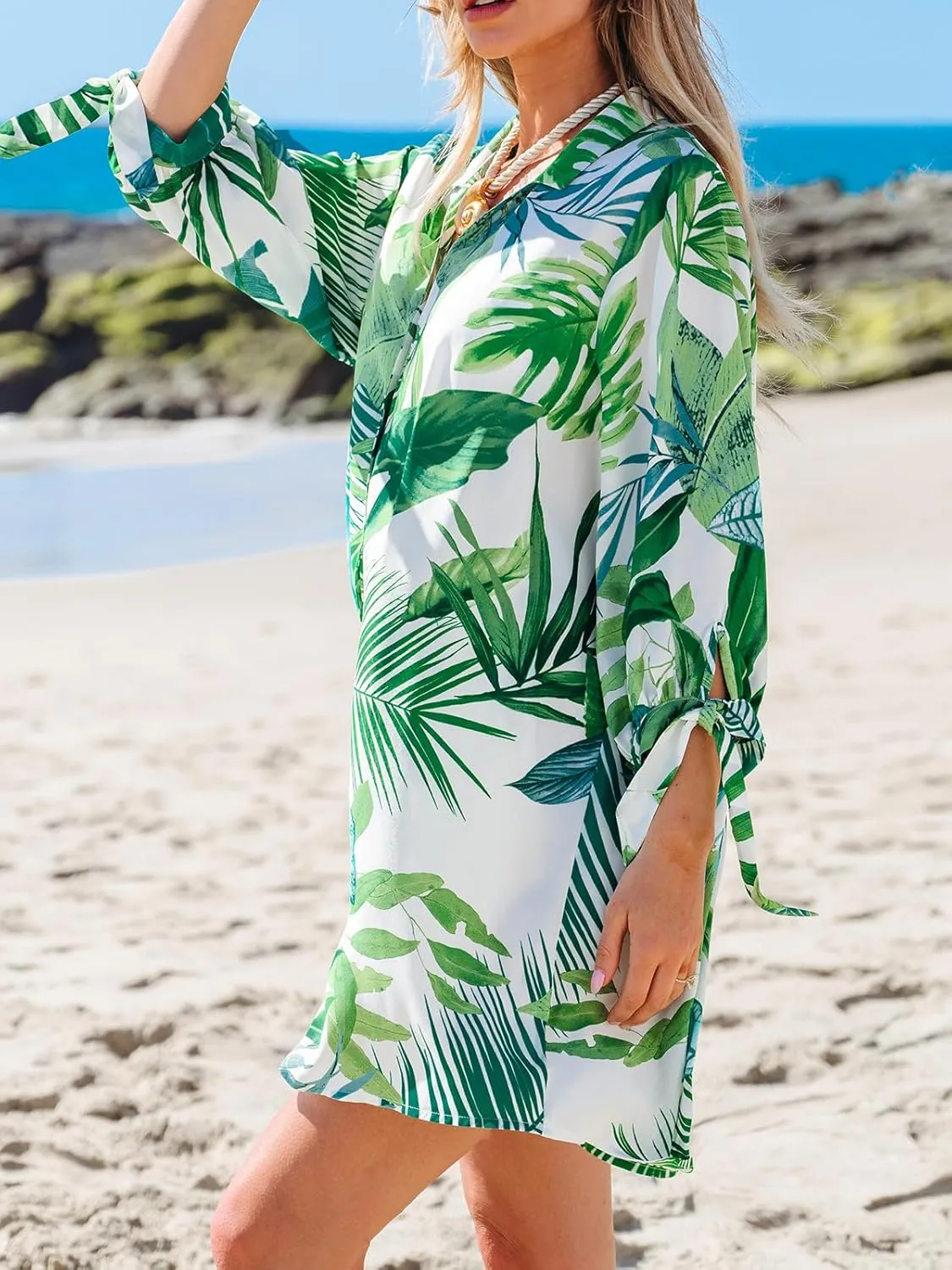 CUPSHE Women Mini Summer Dress Cover Up Oversize Floral Shirt 3/4 Sleeve Cuff Tie Button Down Beach Dresses Cover Up Top