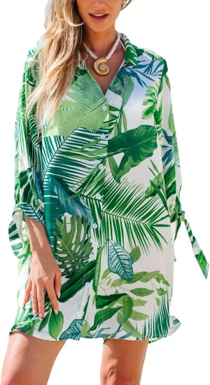 CUPSHE Women Mini Summer Dress Cover Up Oversize Floral Shirt 3/4 Sleeve Cuff Tie Button Down Beach Dresses Cover Up Top