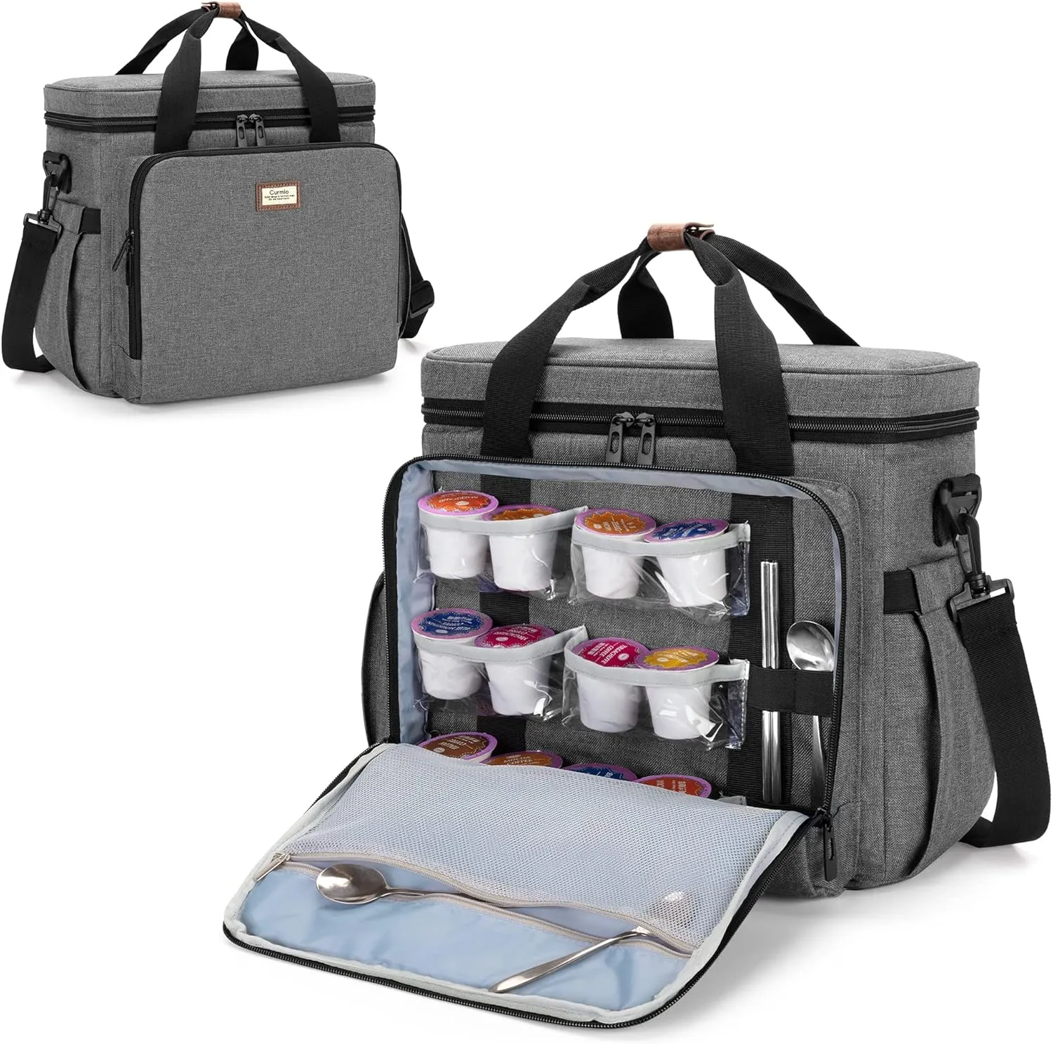 CURMIO Coffee Maker Travel Bag Compatible with Keurig K-Mini or K-Mini Plus, Single Serve Coffee Brewer Carrying Case with Multiple Pockets for K-Cup Pods, Travel Mugs, Gray (Bag Only, Patent Design)