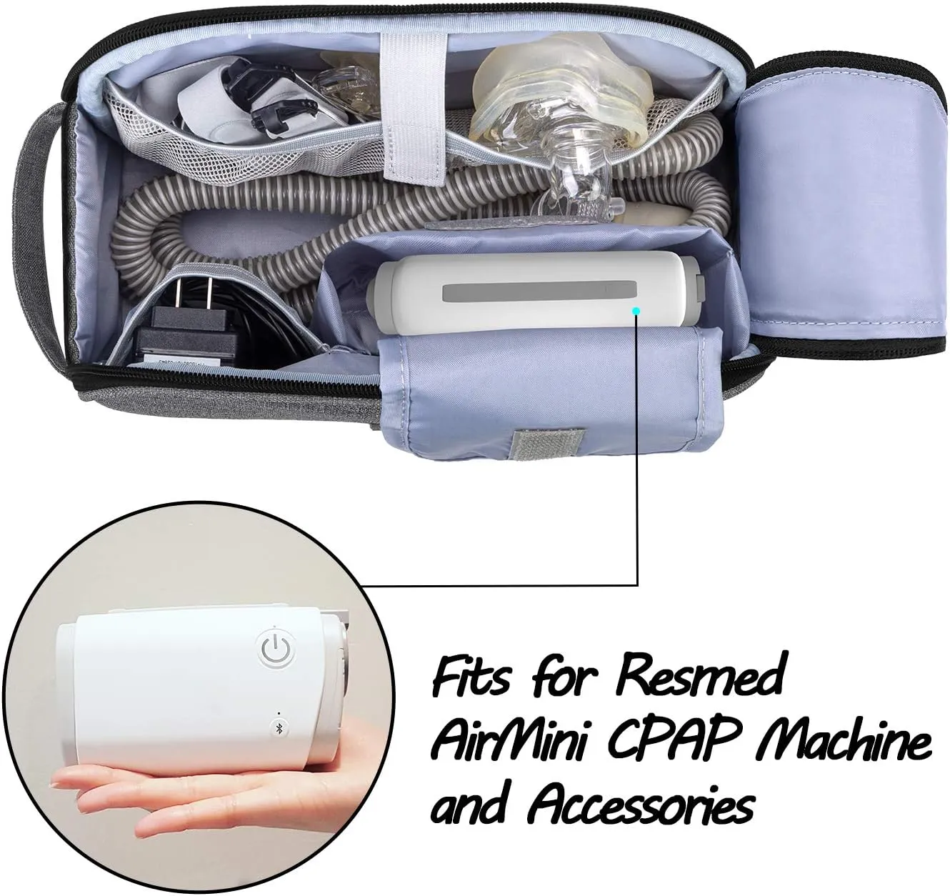 CURMIO Travel Carrying Bag Compatible for ResMed AirMini CPAP Machine and Accessories, Small Travel CPAP Equipment and Supplies Organizer Case, Bag Only