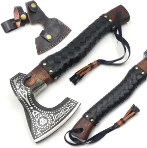 Custom Handmade Carbon Steel Real Viking Axe Hatchet,Camping Axe, Birthday Gift for him, Leather Wrapped Handle and Leather Sheath ((FM 19))