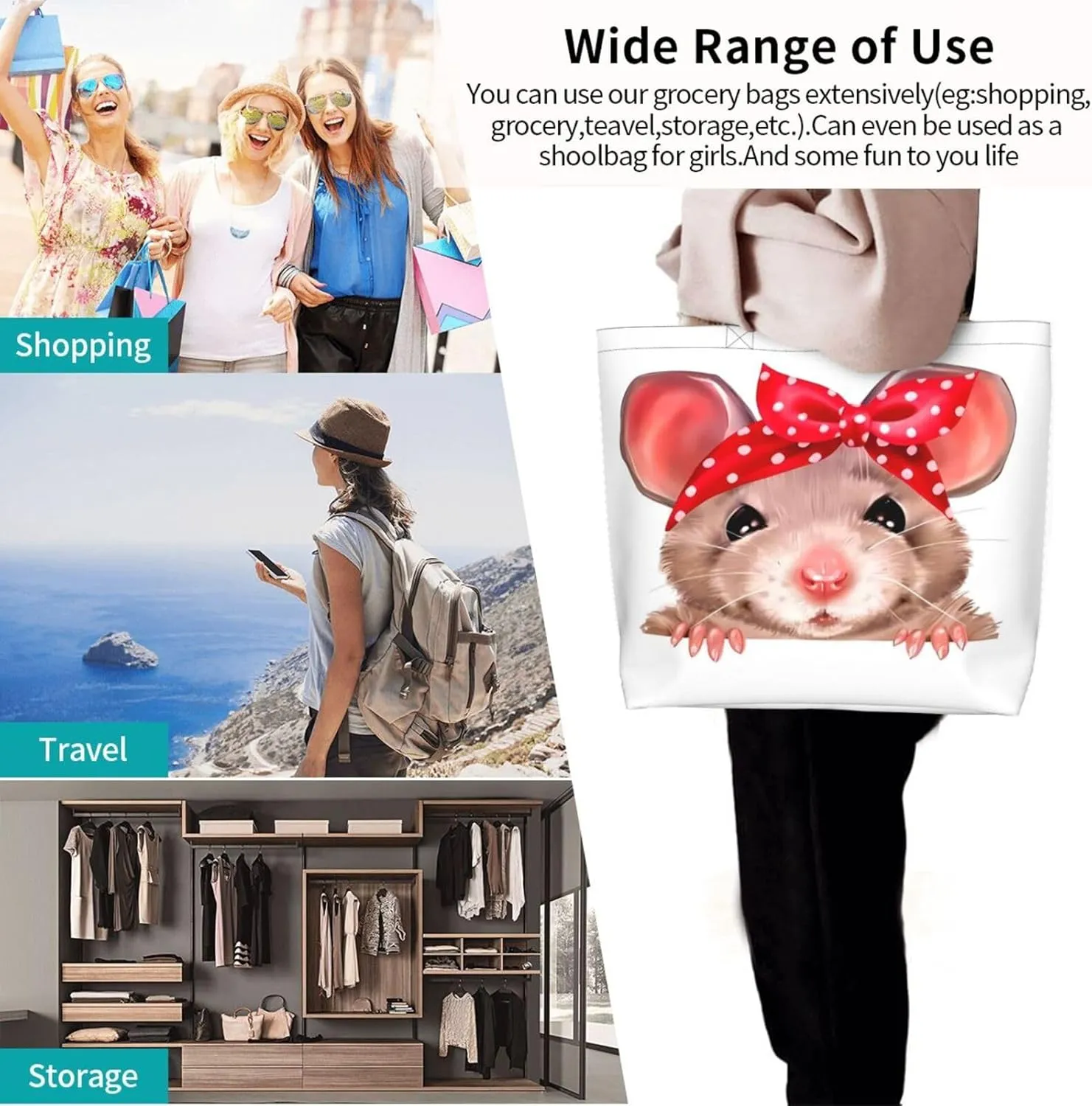 Cute Cartoon Rat Tote Bag Shopping Bag Portable Handbags Tote Shoulder Bucket Bags for Women