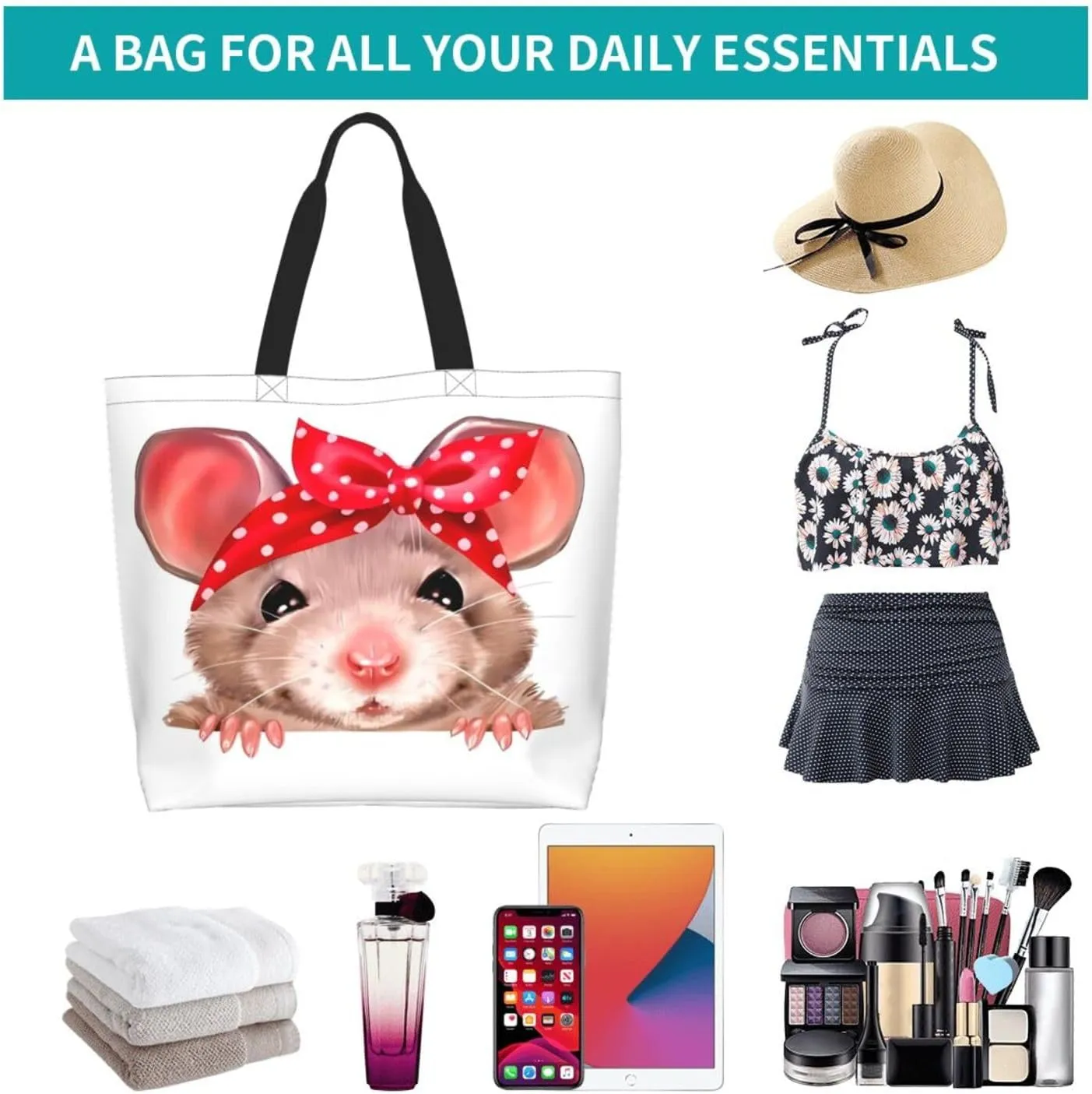 Cute Cartoon Rat Tote Bag Shopping Bag Portable Handbags Tote Shoulder Bucket Bags for Women
