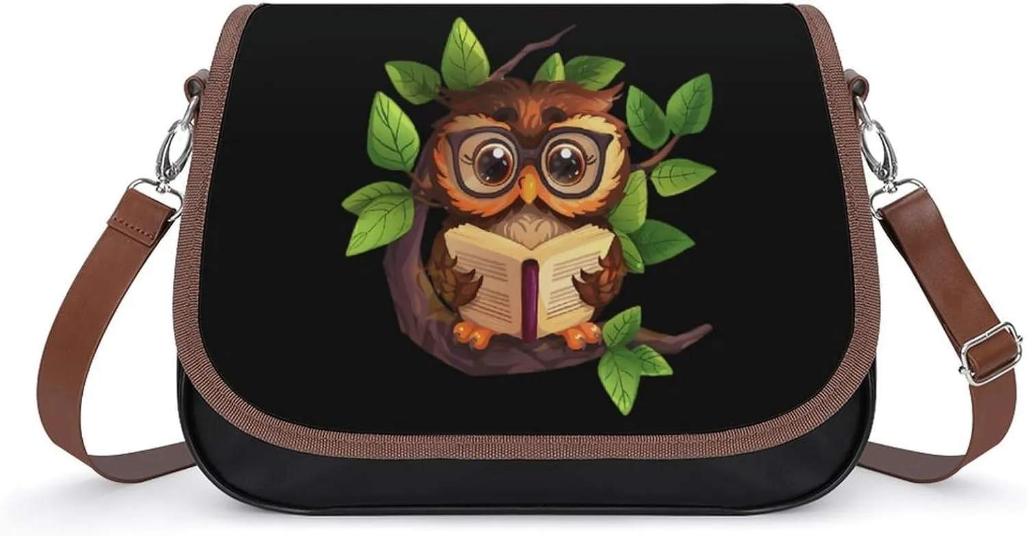 Cute Owl Reads Book Crossbody Bags for Women PU Leather Tote Bag Purse Shoulder Bag for Travel Office