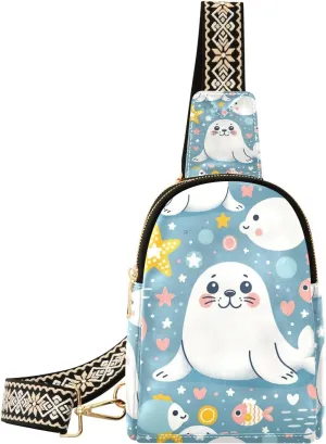 Cute Seal Star Dot Hear Backpack Sling Bag for Women Crossbody Bags Small Cross Body Bags Leather Travel Chest Bag Purse Casual Daypack
