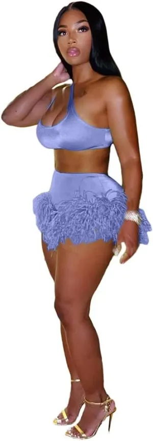 CXINS Womens Sexy 2 Piece Outfits Sleeveless Crop Top Feather Tassels Bodycon Mini High Waist Shorts Outfits Clubwear