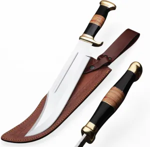 D2 18 Inches Large Crocodile Dundee Bowie Knife with Leather Sheath Fixed Blade Knife with Leather and Horn Handle for Outdoor Camping