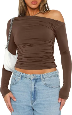 Darong Women's Casual Long Sleeve Boat Neck Off Shoulder Slim Fit Crop Top Going Out Blouses Y2K Tight Shirts