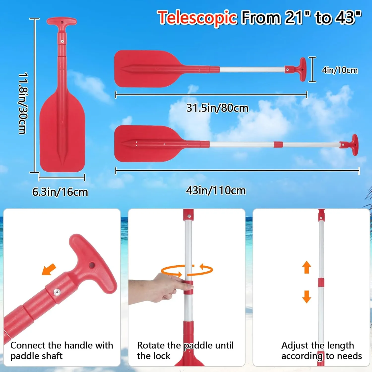 DEDU Boat Paddle Telescoping 2 Pack, Boat Oars Collapsible Emergency Paddle 21"-43" Adjustable, Telescoping Canoe Paddle Aluminum Shaft Anti Slip for Kids and Adults