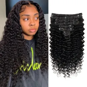 Deep Wave Clip in Hair Extensions Real Human Hair Brazilian Virgin Human Hair Clip in Extensions for Black Women 8Pcs Remy Hair with 18Clips 120g (16inch, Natural Black)