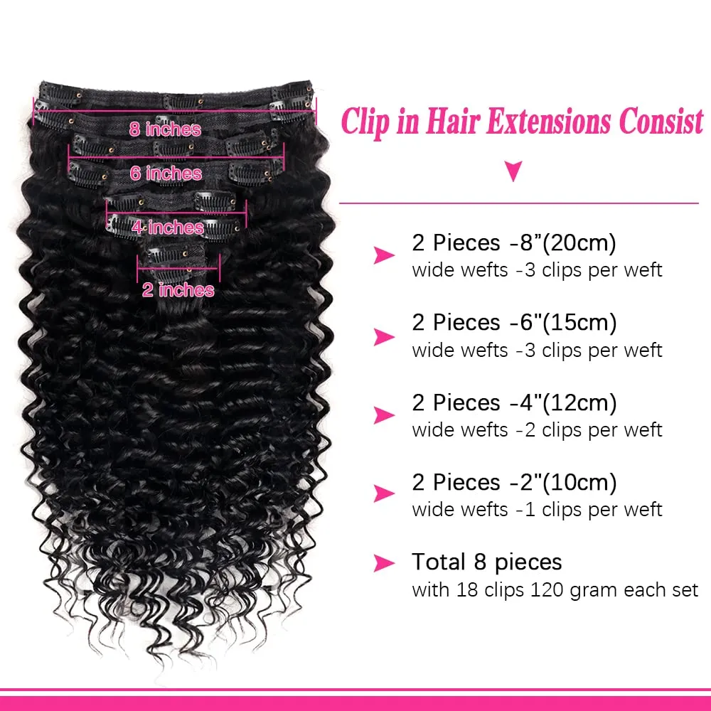 Deep Wave Clip in Hair Extensions Real Human Hair Brazilian Virgin Human Hair Clip in Extensions for Black Women 8Pcs Remy Hair with 18Clips 120g (16inch, Natural Black)