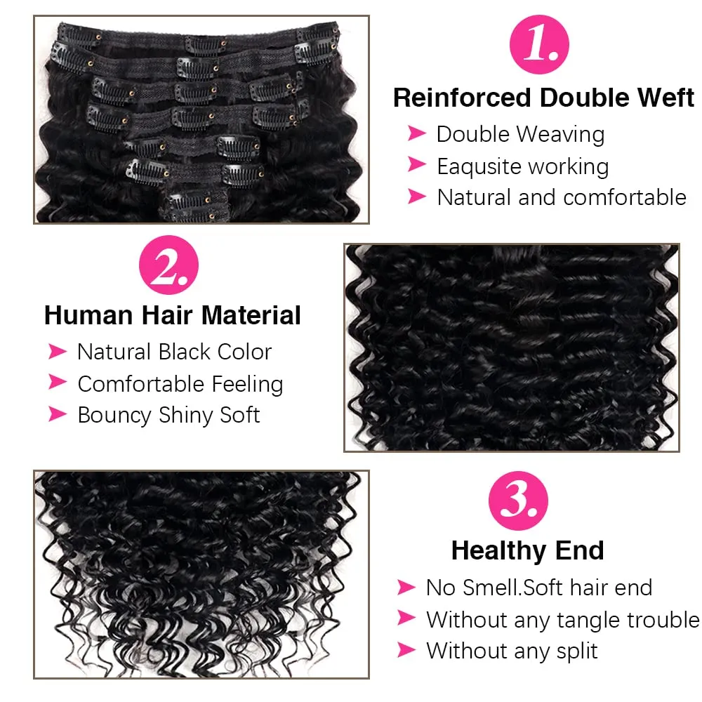 Deep Wave Clip in Hair Extensions Real Human Hair Brazilian Virgin Human Hair Clip in Extensions for Black Women 8Pcs Remy Hair with 18Clips 120g (16inch, Natural Black)
