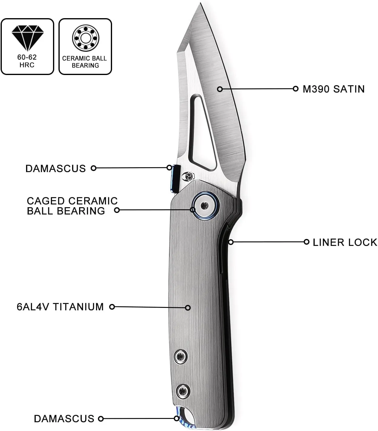 Denka C02 Thumb Stud Knife,2.6" M390 Steel Satin Pocket Knife,3.35" Titanium Handle Folding Knife with Leather Sheath