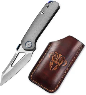 Denka C02 Thumb Stud Knife,2.6" M390 Steel Satin Pocket Knife,3.35" Titanium Handle Folding Knife with Leather Sheath
