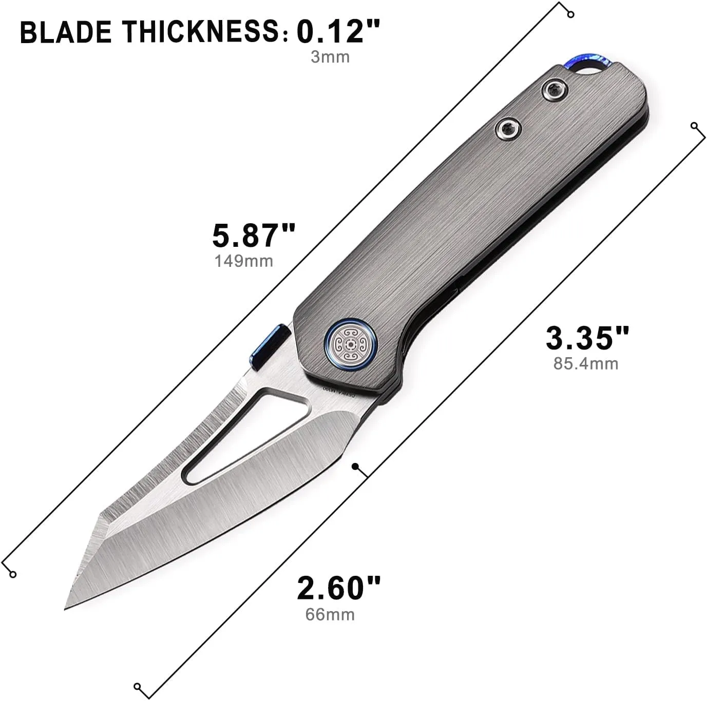 Denka C02 Thumb Stud Knife,2.6" M390 Steel Satin Pocket Knife,3.35" Titanium Handle Folding Knife with Leather Sheath