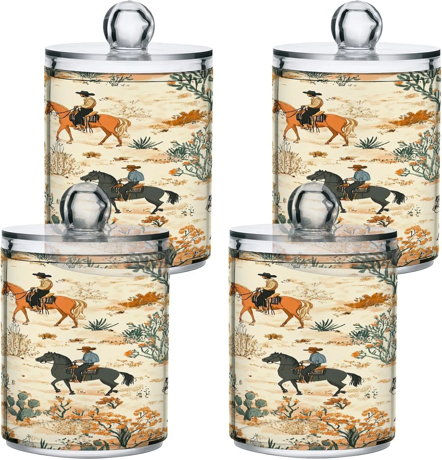 Desert Horseback Riding 4 Pack Qtip Holder Dispenser with Lid,Apothecary Jars Plastic Cotton Swabs Cans Clear Bathroom Storage Canister for Cotton Ball, Cotton Swab, Cotton Round Pads, Floss