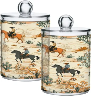 Desert Horseback Riding 4 Pack Qtip Holder Dispenser with Lid,Apothecary Jars Plastic Cotton Swabs Cans Clear Bathroom Storage Canister for Cotton Ball, Cotton Swab, Cotton Round Pads, Floss