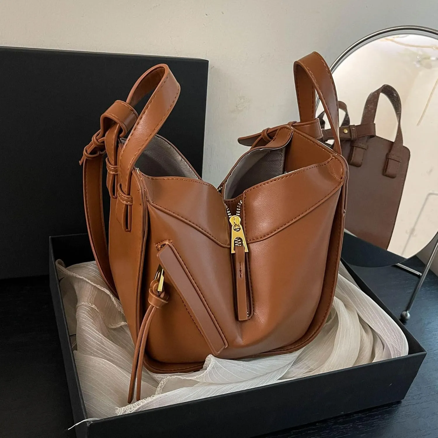 Designer Leather Shoulder Bag with Gold Zipper Details,Open Bucket Handbag Dumpling type