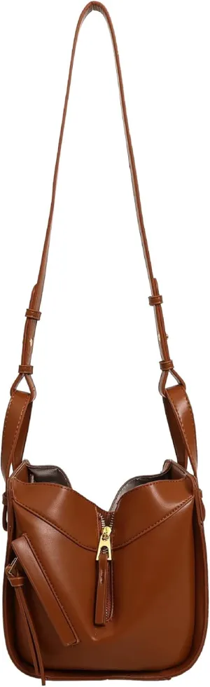 Designer Leather Shoulder Bag with Gold Zipper Details,Open Bucket Handbag Dumpling type