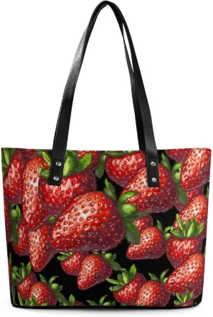 Digital Strawberry Women's Tote Shoulder Bag Handbag Top Handle Leather 29 * 34 * 14cm