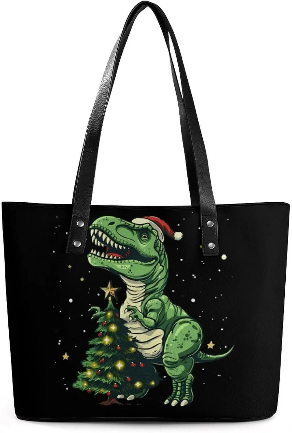 Dinosaur Santa Hat Christmas Tree Women's Tote Shoulder Bag Handbag Top Handle Leather 29 * 34 * 14cm