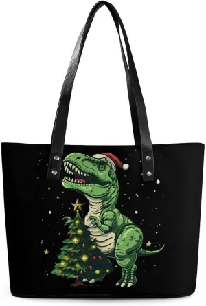 Dinosaur Santa Hat Christmas Tree Women's Tote Shoulder Bag Handbag Top Handle Leather 29 * 34 * 14cm